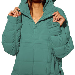 Green oversized hooded pullover jacket with button front and chest pockets