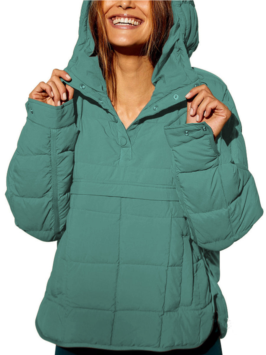 Green oversized hooded pullover jacket with button front and chest pockets
