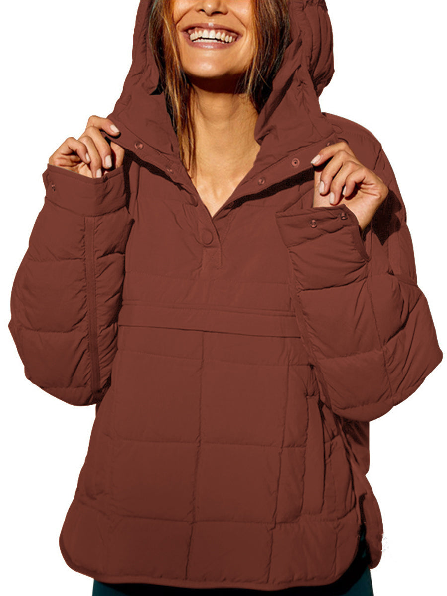 Dark brown oversized hooded pullover jacket with button front and chest pockets