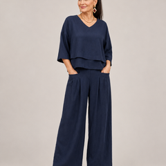 Navy layered V-neck top with wide-leg pants set, three-quarter sleeves