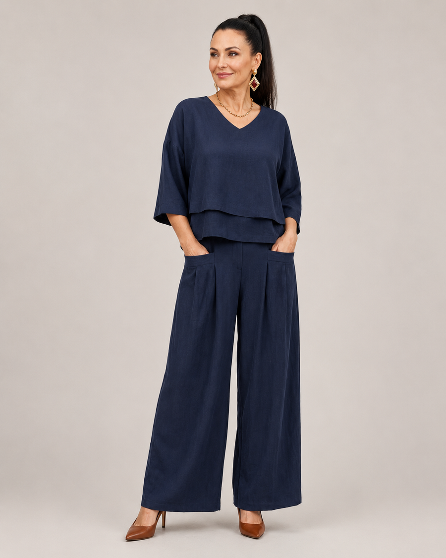 Navy layered V-neck top with wide-leg pants set, three-quarter sleeves