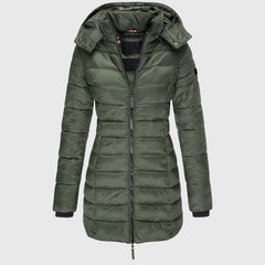 LIORAH long down jacket in olive green with hood and full front zipper.