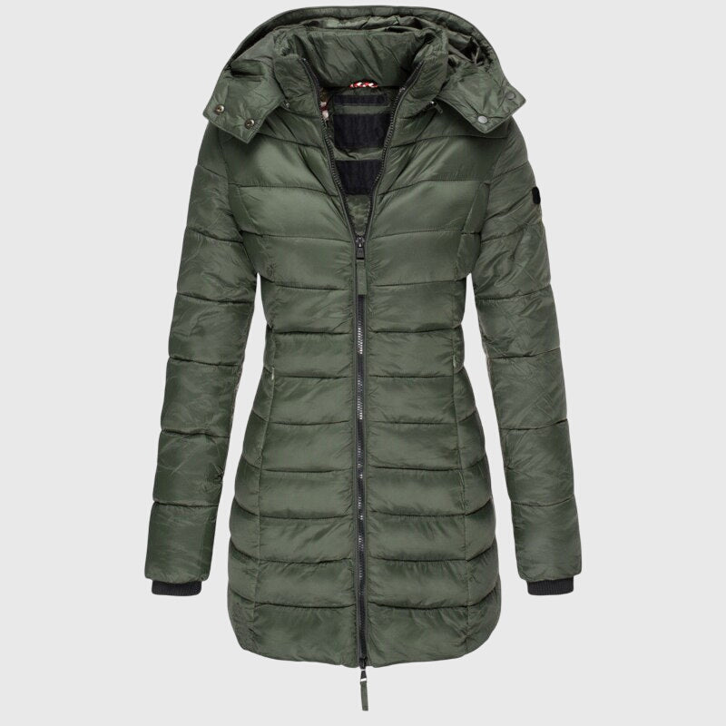 LIORAH long down jacket in olive green with hood and full front zipper.