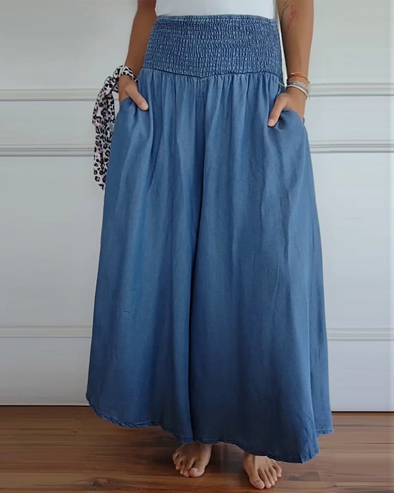 Blue relaxed-fit trousers with elastic waistband and flowy wide legs