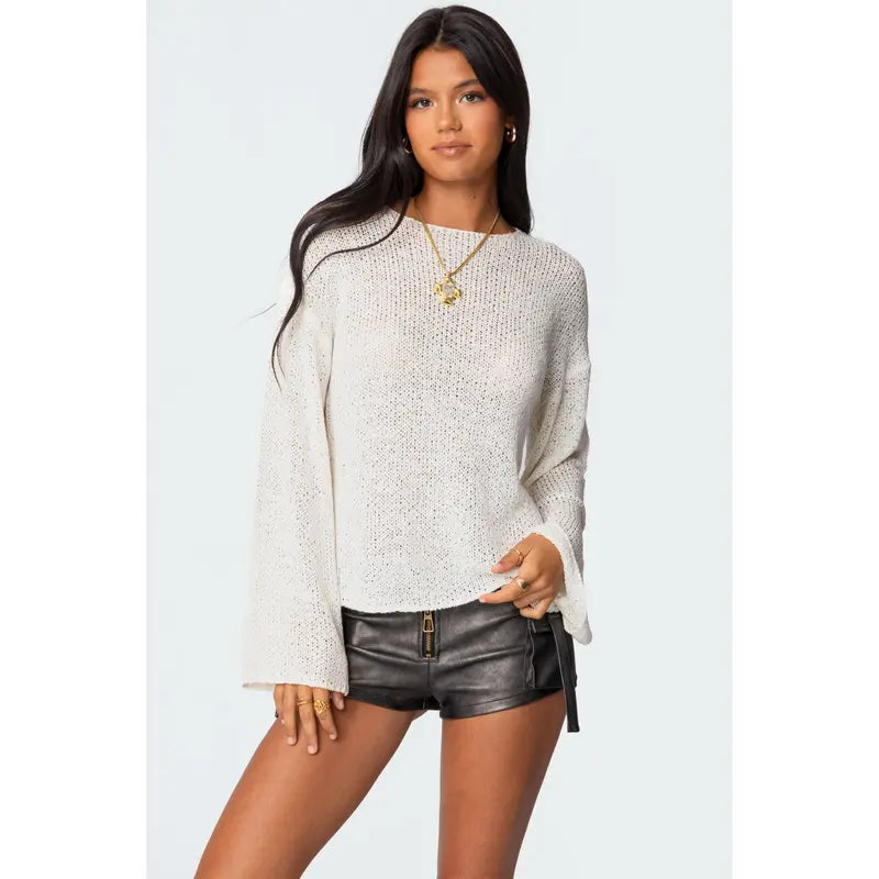 Women’s white light-knit drop shoulder sweater, relaxed fit pullover with long sleeves