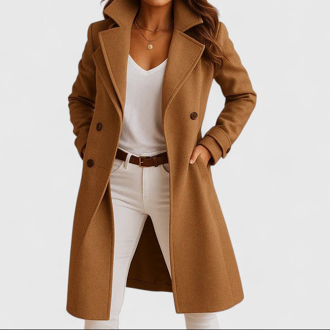 Camel long tailored coat with notch lapels, button front, and side pockets