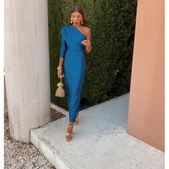 Royal blue one-shoulder draped midi dress with fitted waist ruching