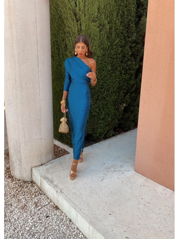Royal blue one-shoulder draped midi dress with fitted waist ruching