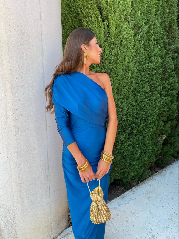 Royal blue one-shoulder draped midi dress with ruching and long draped neckline