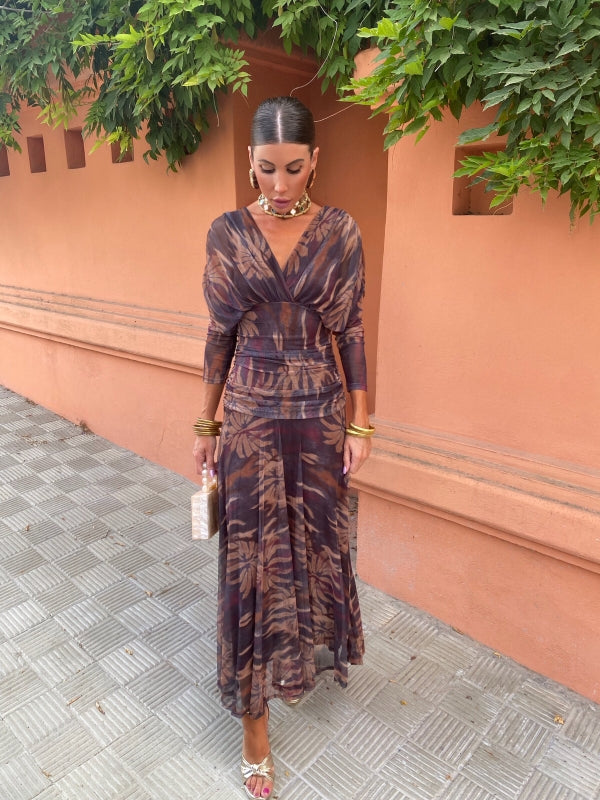 Leaf-print wrap maxi dress with long sleeves, V-neck, and gathered waist belt