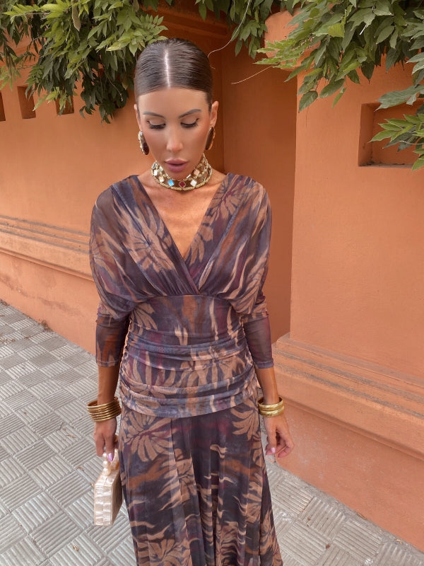 Leaf-print wrap maxi dress with long sleeves, V-neck, and draped ruched waist