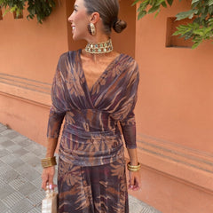 Leaf-print wrap maxi dress with long sleeves, V-neck, and belted ruched center