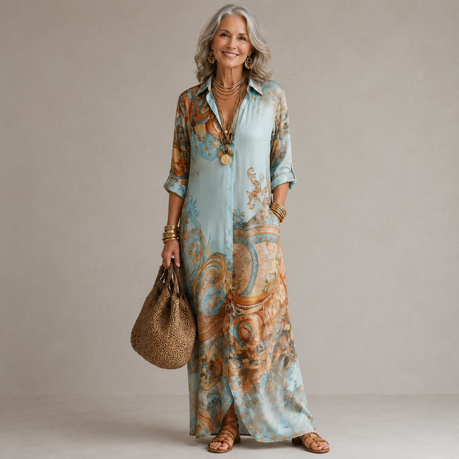 Luxury print maxi dress in light blue with ornate tan pattern, 3/4 sleeves, front buttons.