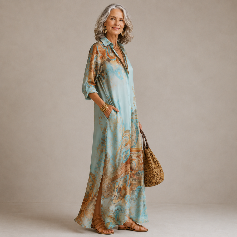 Light blue luxury maxi dress with tan ornate print, V neckline, 3/4 sleeves, side slit.