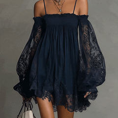 Navy off-shoulder chiffon mini dress with smocked bodice and lace-trim sheer sleeves.