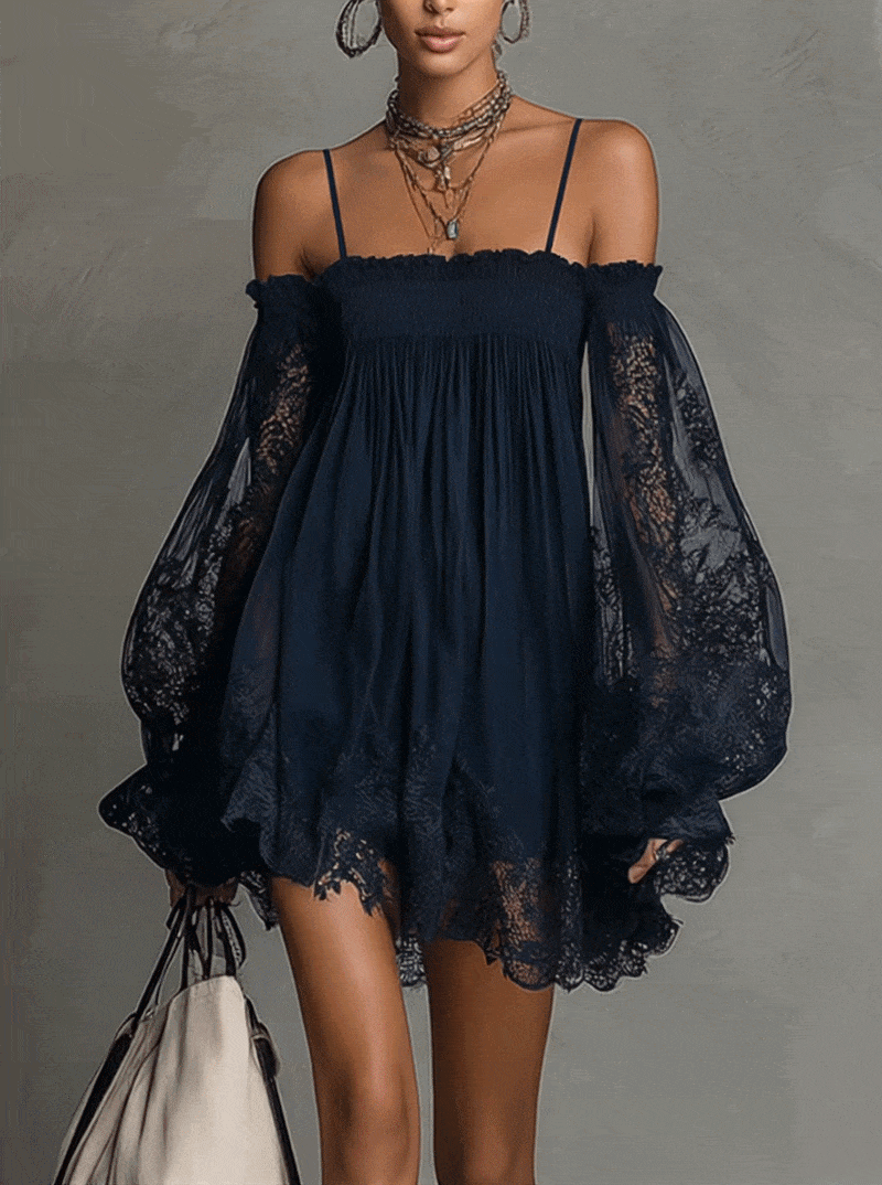Navy off-shoulder chiffon mini dress with smocked bodice and lace-trim sheer sleeves.
