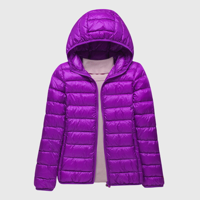 Ultra-light quilted hooded jacket with full-zip front, purple shade