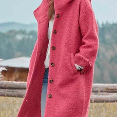 Pink hooded long coat with button front and side-slit hem