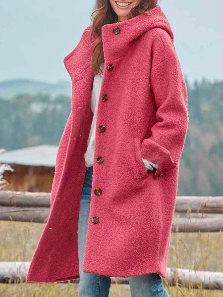 Pink hooded long coat with button front and side-slit hem