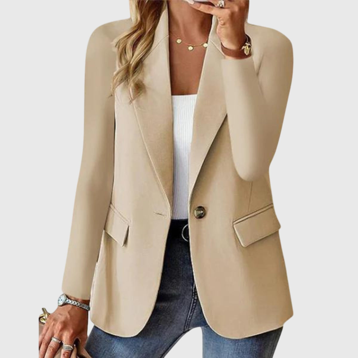Light beige blazer with notch lapel, single button front, flap chest and side pockets.