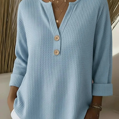 Sky blue henley button top, waffle-knit long sleeve with V-neck and three buttons