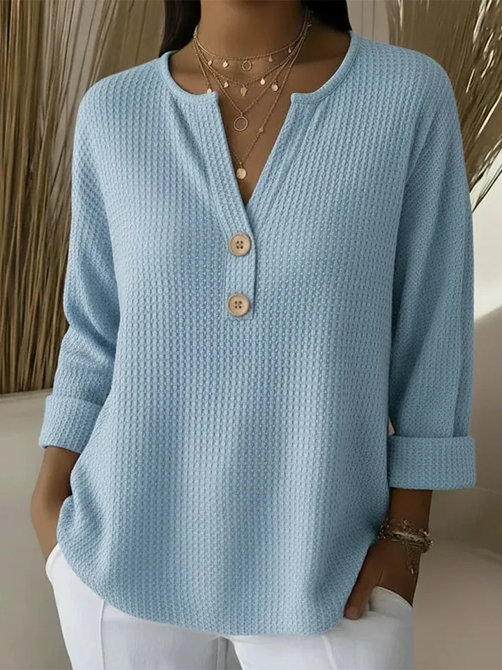 Sky blue henley button top, waffle-knit long sleeve with V-neck and three buttons
