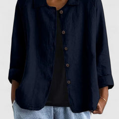 Lightweight button-front shirt jacket in navy blue with stand collar and 3/4 sleeves