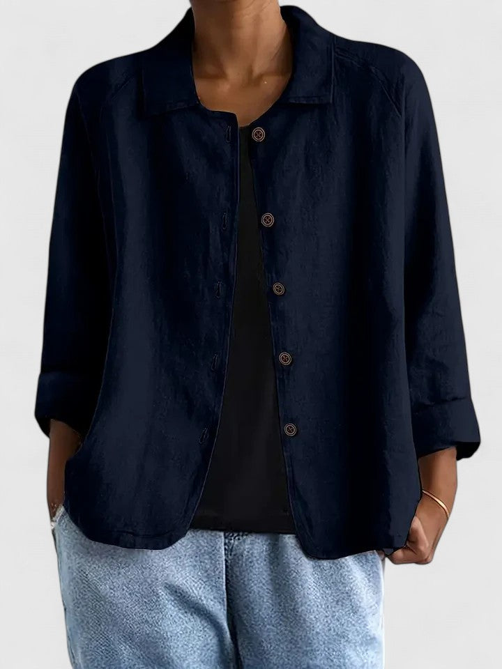Lightweight button-front shirt jacket in navy blue with stand collar and 3/4 sleeves