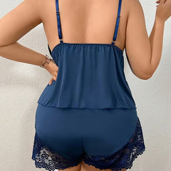 Dark blue lace-trim cami pajama set back with adjustable straps and lace hem