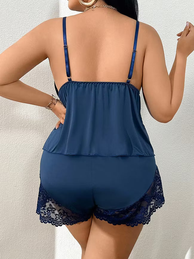 Dark blue lace-trim cami pajama set back with adjustable straps and lace hem