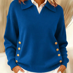 VYNETTE v-neck knit sweater with collar, gold button placket sleeves, blue