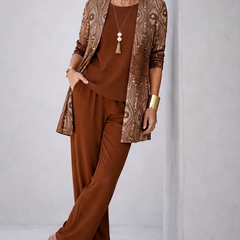 Three-piece trouser set with brown sequined jacket, matching top, and wide-leg trousers