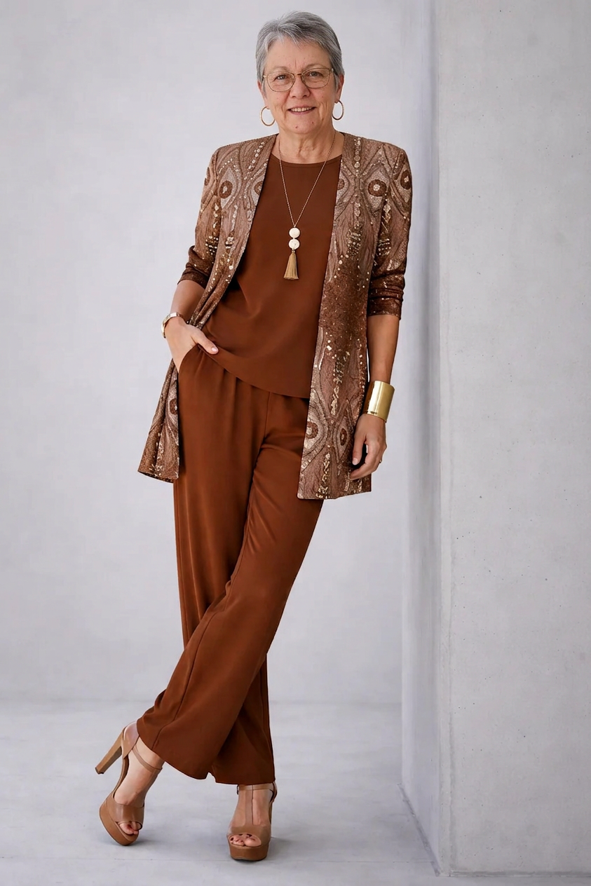 Three-piece trouser set with brown sequined jacket, matching top, and wide-leg trousers