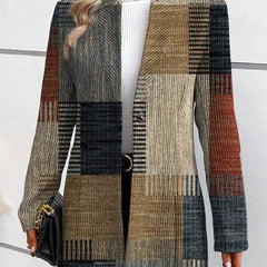 Women's plaid blazer with notch lapels, long sleeves, button closure, multicolor grid.