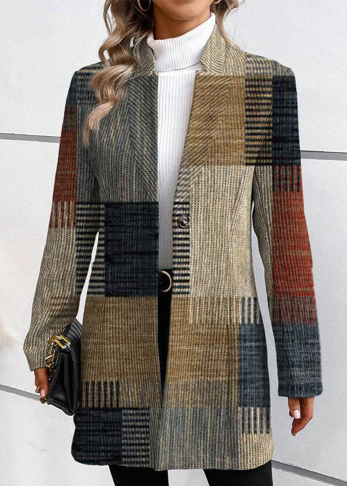 Women's plaid blazer with notch lapels, long sleeves, button closure, multicolor grid.