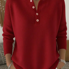 Deep red henley button-up knit sweater with henley neckline and buttons