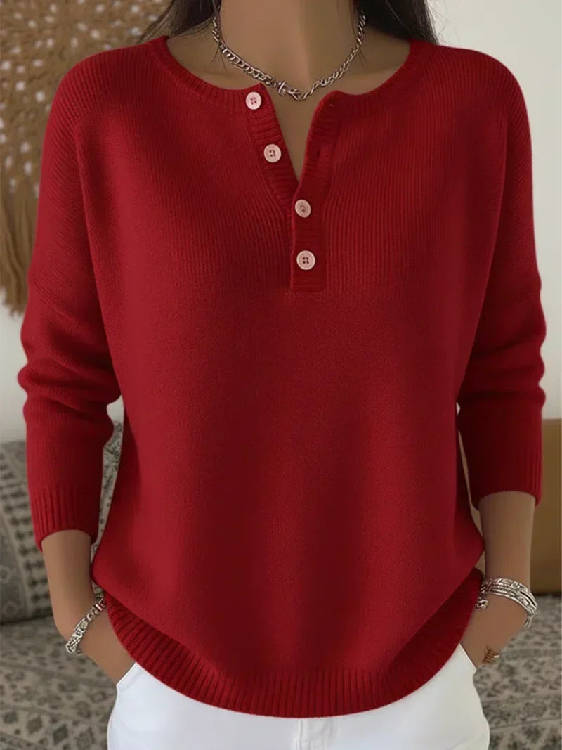 Deep red henley button-up knit sweater with henley neckline and buttons