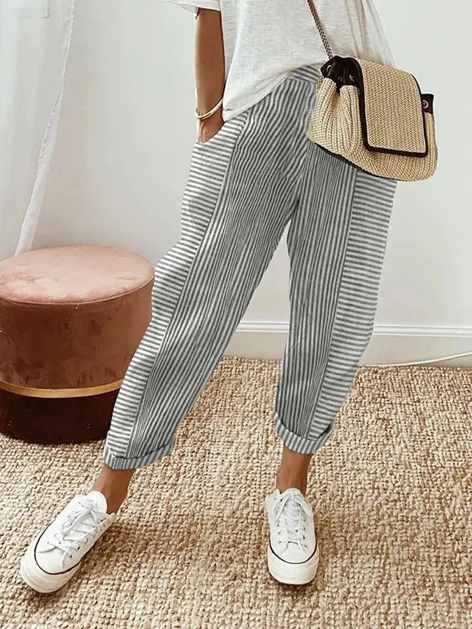 Lightweight striped trousers in dark gray with cuffed ankle hem and relaxed legs