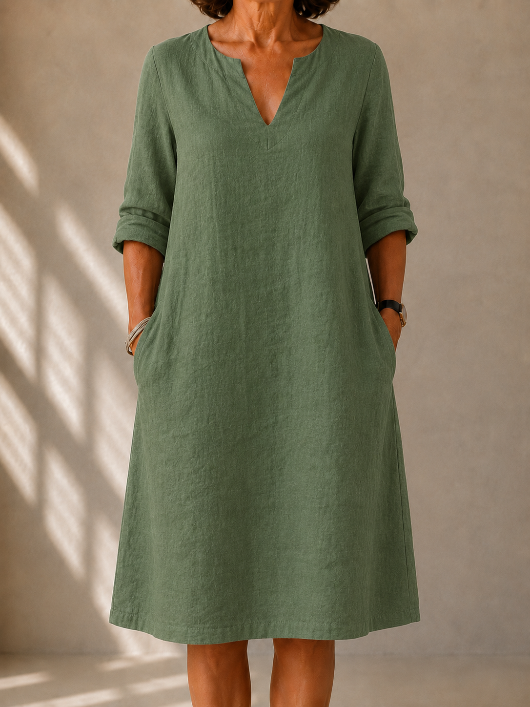 Green relaxed V-neck midi dress with three-quarter sleeves and loose fit