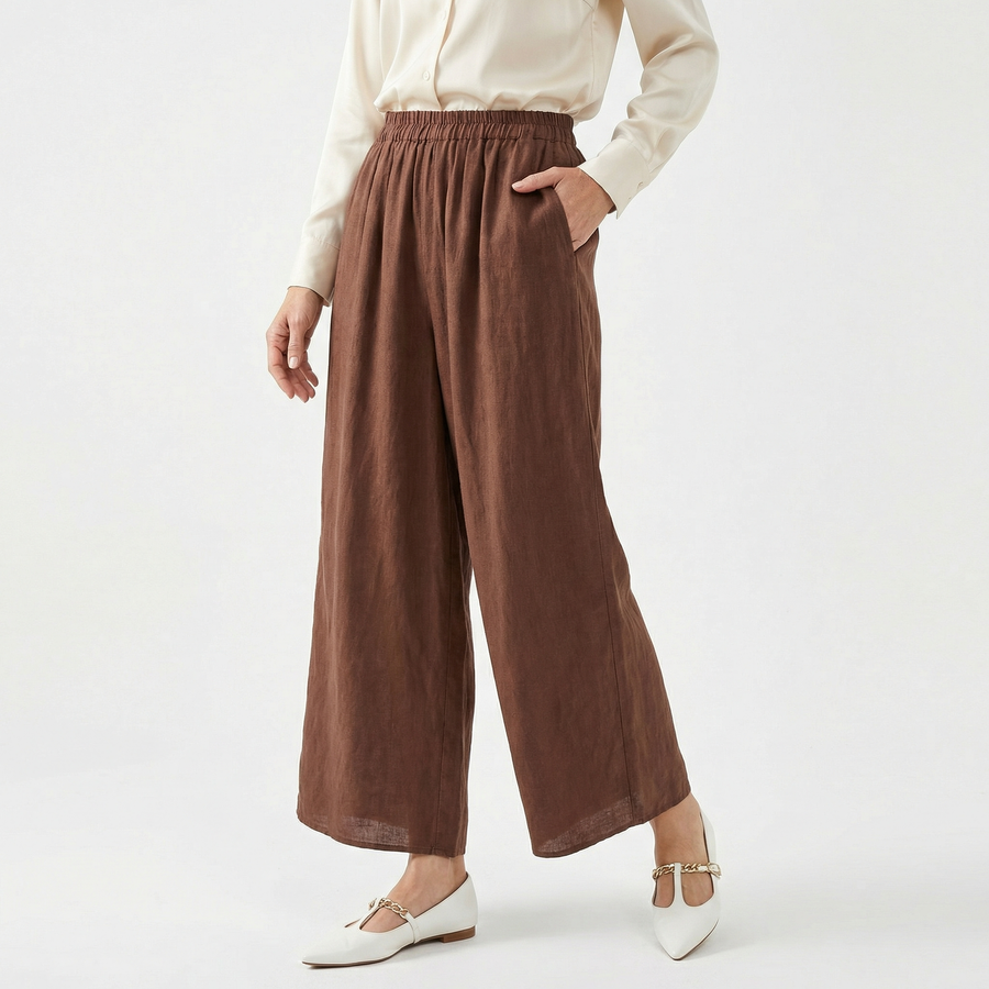 Brown linen wide-leg pants with elastic waistband
