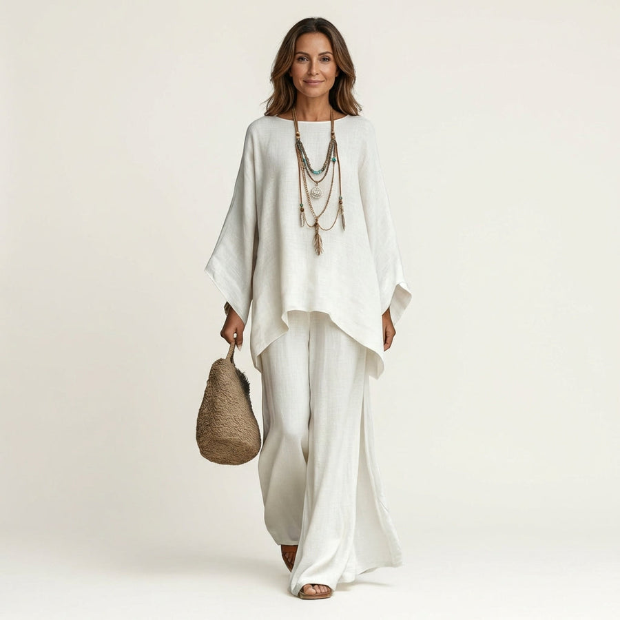 White linen-blend boho tunic and wide-leg pants set, draped sleeves