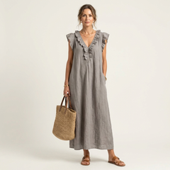 Gray ruffle V-neck sleeveless maxi dress with gathered neckline trim