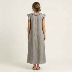 Gray ruffle-shoulder sleeveless maxi dress with gathered back yoke