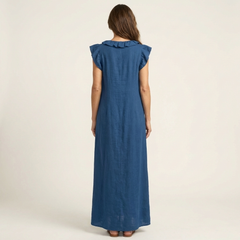 Blue ruffle-shoulder sleeveless maxi dress with gathered back yoke