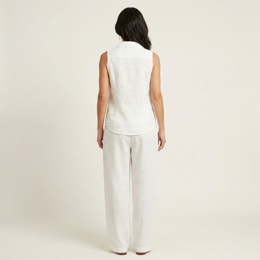 White sleeveless wrap-top and wide-leg pants set, back view.