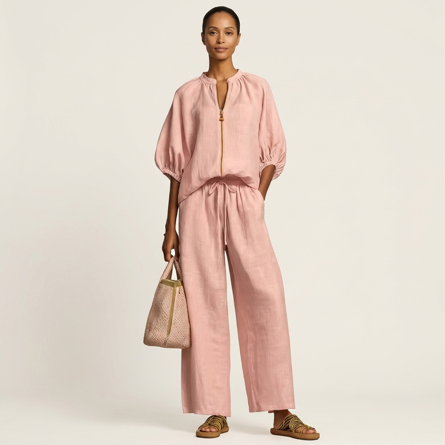 Pink zipper-front puff sleeve set with matching wide-leg pants