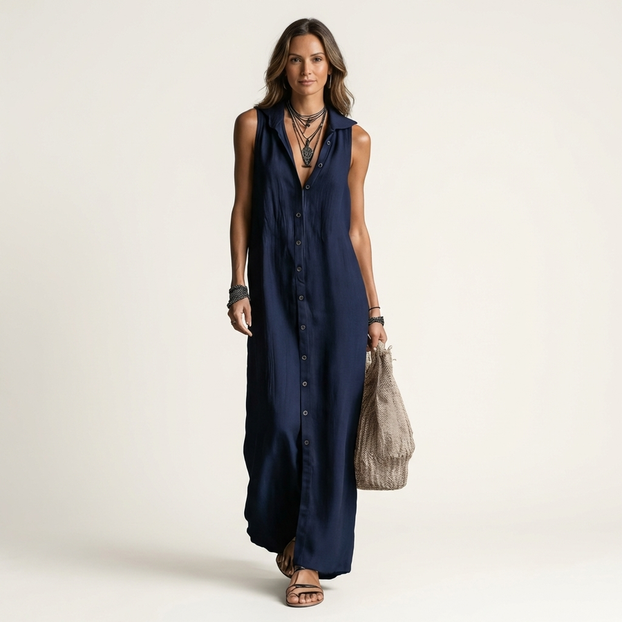 Navy hooded linen maxi dress, sleeveless with button-front placket