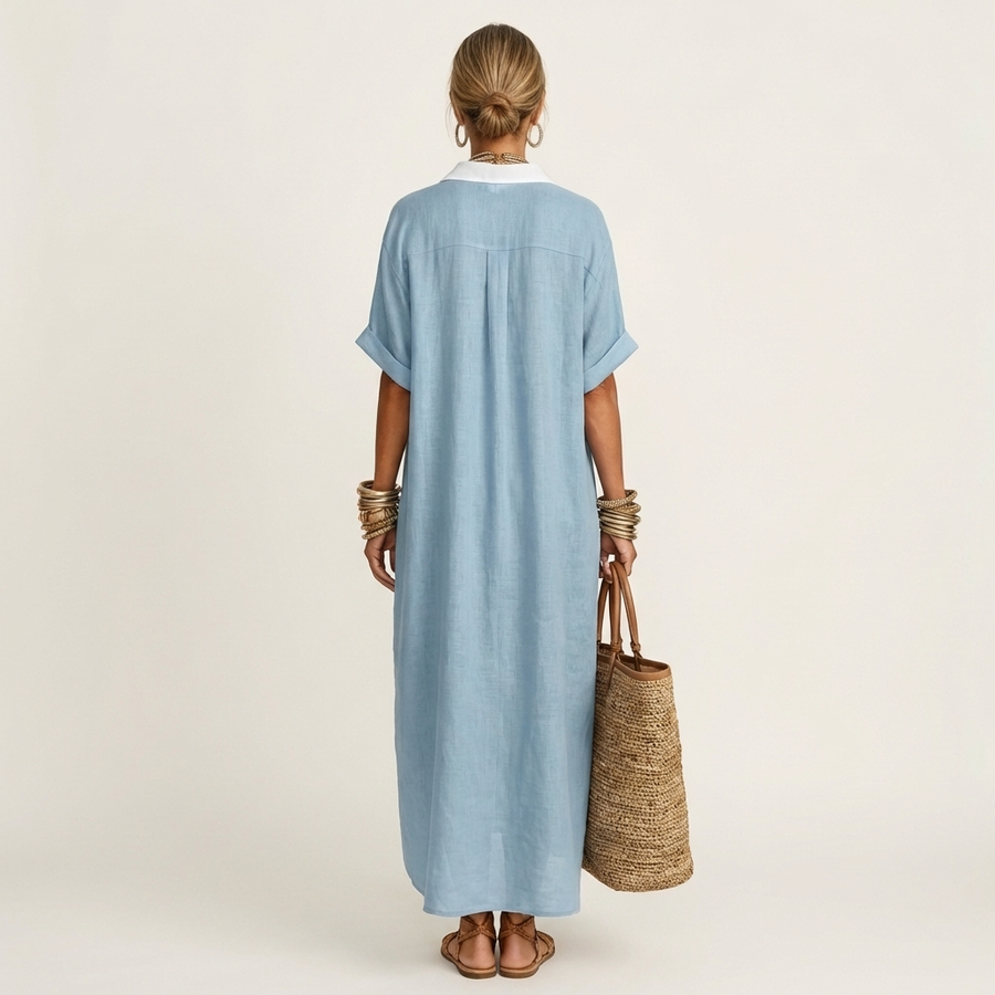 Light blue button-front maxi shirt dress with contrast collar, short sleeves (back view)