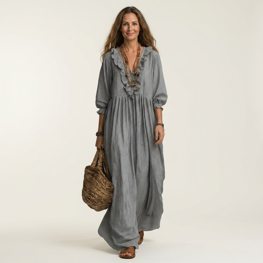 Grey maxi dress with ruffle V-neck and gathered waist, lantern sleeves