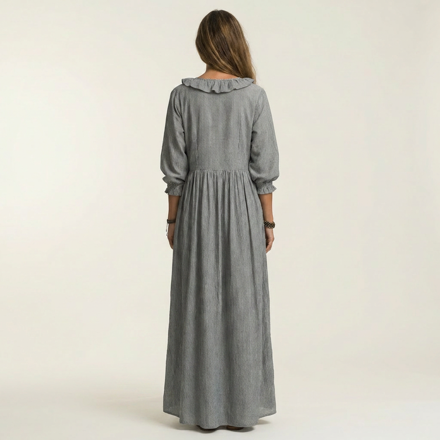 Grey maxi dress back view with ruffled collar and gathered waist, lantern sleeves